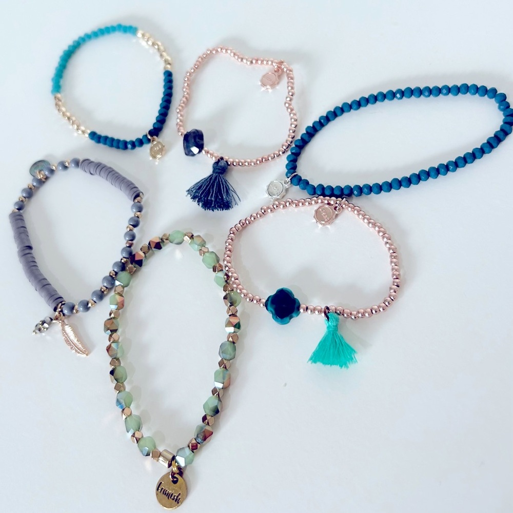 6 Lizas / Ermish bracelets. Beaded tassel blue gold grey